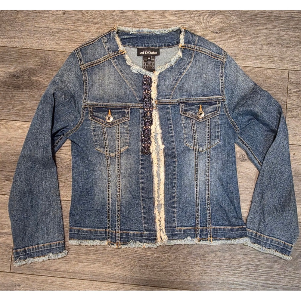 Nathalie Chaize Womens 4 Denim Jacket Blue Beaded Raw Hem Frayed Collarless